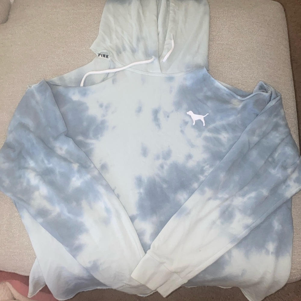 VS Pink. Open shoulder, blue tie dye pullover. Size large.
